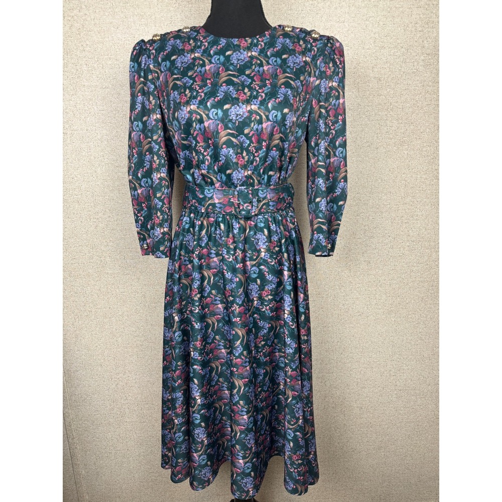 Whirlaway Frocks Vintage 80s Green Floral Midi Dress 10 Puff Sleeve Belted